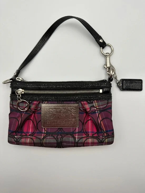 Coach Poppy Plaid Tartan Wristlet Double Zip Y2K Glam Signature C Pink Black - Picture 1 of 16